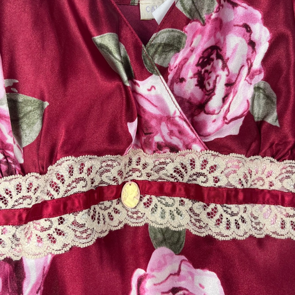 Vtg 90s Y2K Floral Lace Maxi Slip Dress Lg Burgundy Satin Lingerie w Camo Accent - Picture 4 of 5